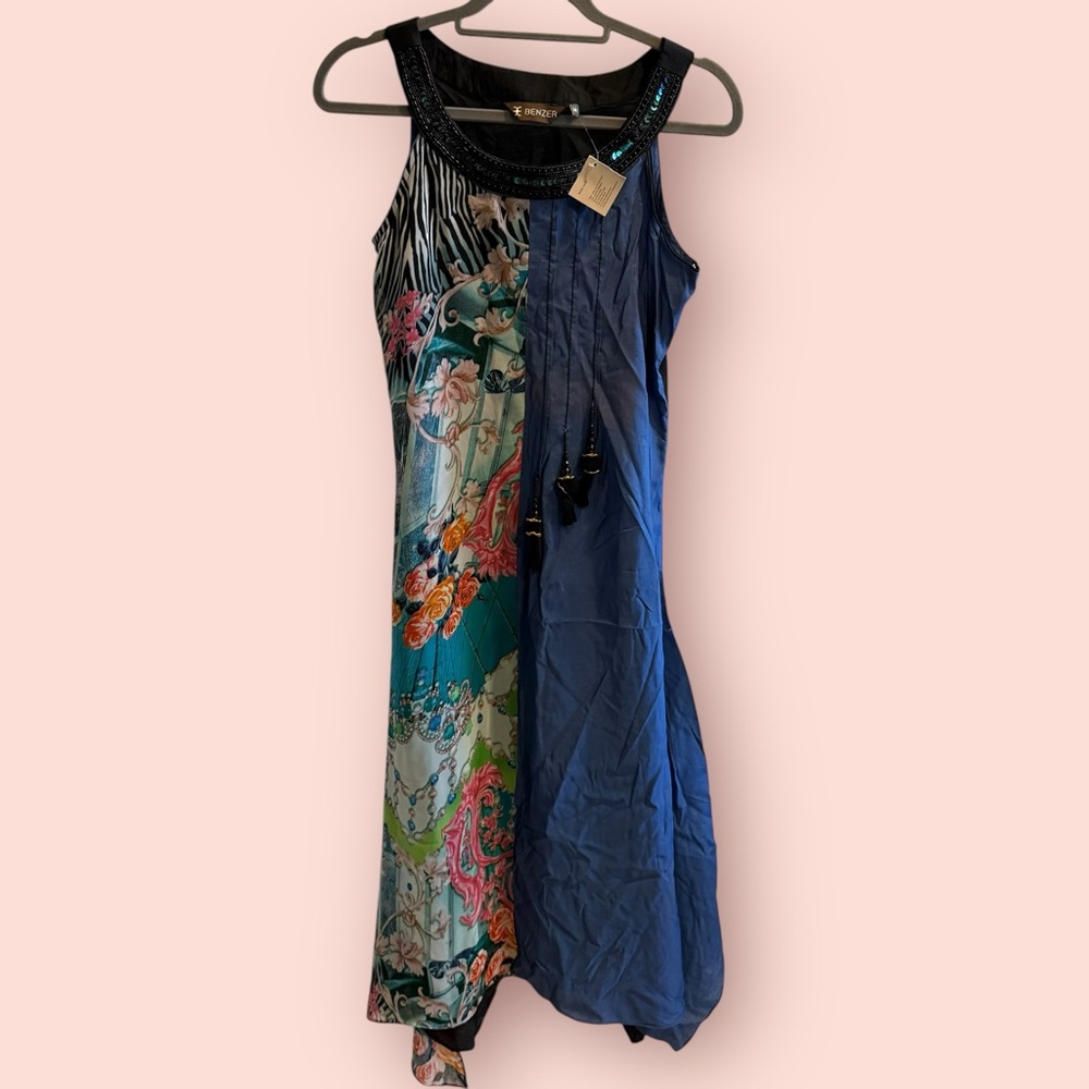 NWT Silk Blend Dress Beaded Neckline Mixed Print Asymmetrical Hem